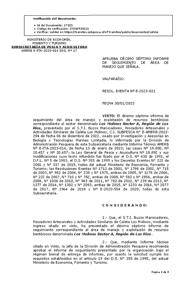 RESOL. EXENTA Nº E-2023-021 Aprueba 17° Seguimiento. (Publicado en Página Web 30-01-2023)