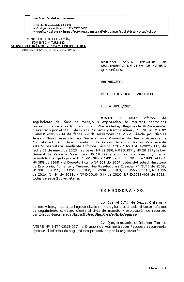 RESOL. EXENTA Nº E-2023-030 Aprueba 6° Seguimiento. (Publicado en Página Web 30-01-2023)