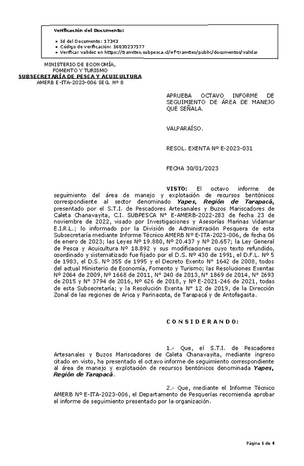 RESOL. EXENTA Nº E-2023-031 Aprueba 8° Seguimiento. (Publicado en Página Web 30-01-2023)