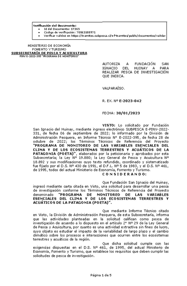 R. EX. Nº E-2023-042 AUTORIZA A FUNDACIÓN SAN IGNACIO DEL HUINAY A PARA REALIZAR PESCA DE INVESTIGACIÓN QUE INDICA. (Publicado en Página Web 30-01-2023)