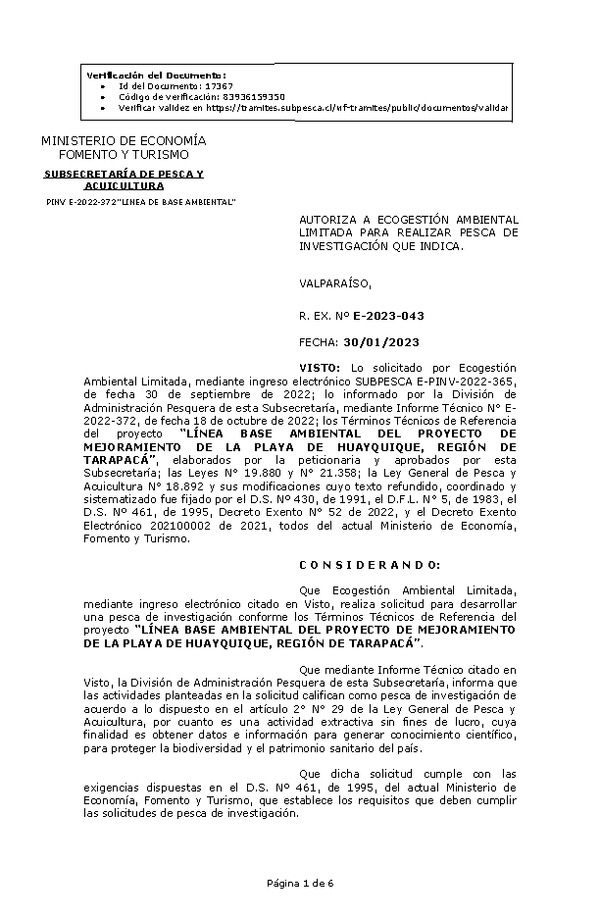 R. EX. Nº E-2023-043 AUTORIZA A ECOGESTIÓN AMBIENTAL LIMITADA PARA REALIZAR PESCA DE INVESTIGACIÓN QUE INDICA. (Publicado en Página Web 30-01-2023)