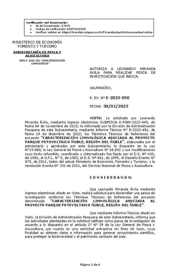 R. EX. Nº E-2023-050 AUTORIZA A LEONARDO MIRANDA ÁVILA PARA REALIZAR PESCA DE INVESTIGACIÓN QUE INDICA. (Publicado en Página Web 31-01-2023)