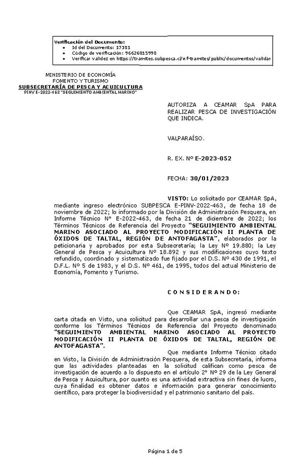 R. EX. Nº E-2023-052 AUTORIZA A CEAMAR SpA PARA REALIZAR PESCA DE INVESTIGACIÓN QUE INDICA. (Publicado en Página Web 31-01-2023)