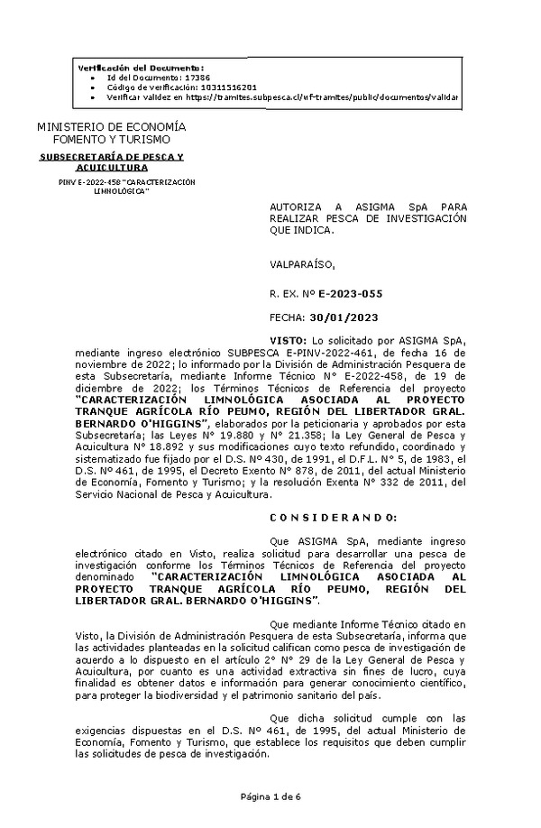 R. EX. Nº E-2023-055 AUTORIZA A ASIGMA SpA PARA REALIZAR PESCA DE INVESTIGACIÓN QUE INDICA. (Publicado en Página Web 31-01-2023)