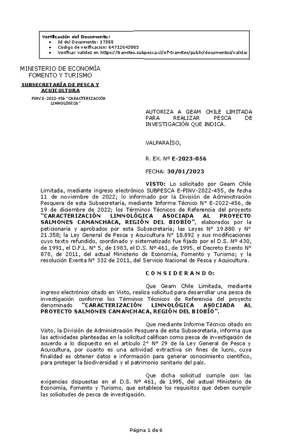 R. EX. Nº E-2023-056 AUTORIZA A GEAM CHILE LIMITADA PARA REALIZAR PESCA DE INVESTIGACIÓN QUE INDICA. (Publicado en Página Web 31-01-2023)