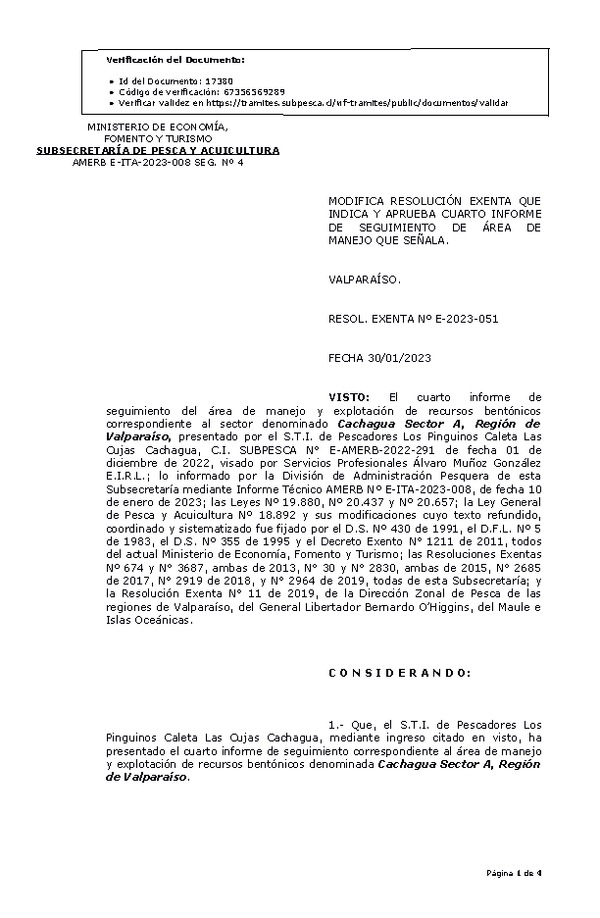 RESOL. EXENTA Nº E-2023-051 Modifica resolución que indica, Aprueba 4° Seguimiento. (Publicado en Página Web 31-01-2023)