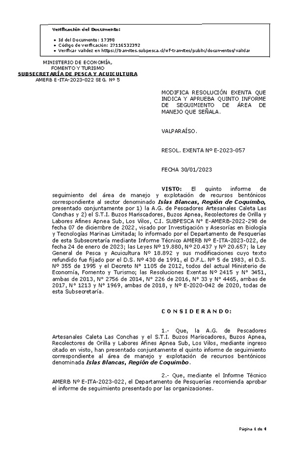 RESOL. EXENTA Nº E-2023-057 Modifica resolución que indica, Aprueba 5° Seguimiento. (Publicado en Página Web 31-01-2023)