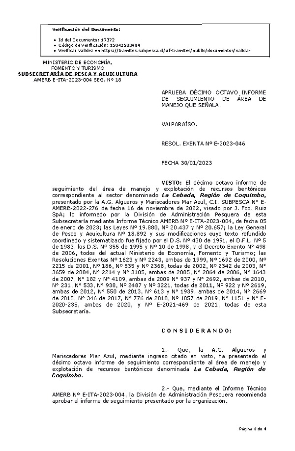 RESOL. EXENTA Nº E-2023-046 Aprueba 18° Seguimiento. (Publicado en Página Web 31-01-2023)