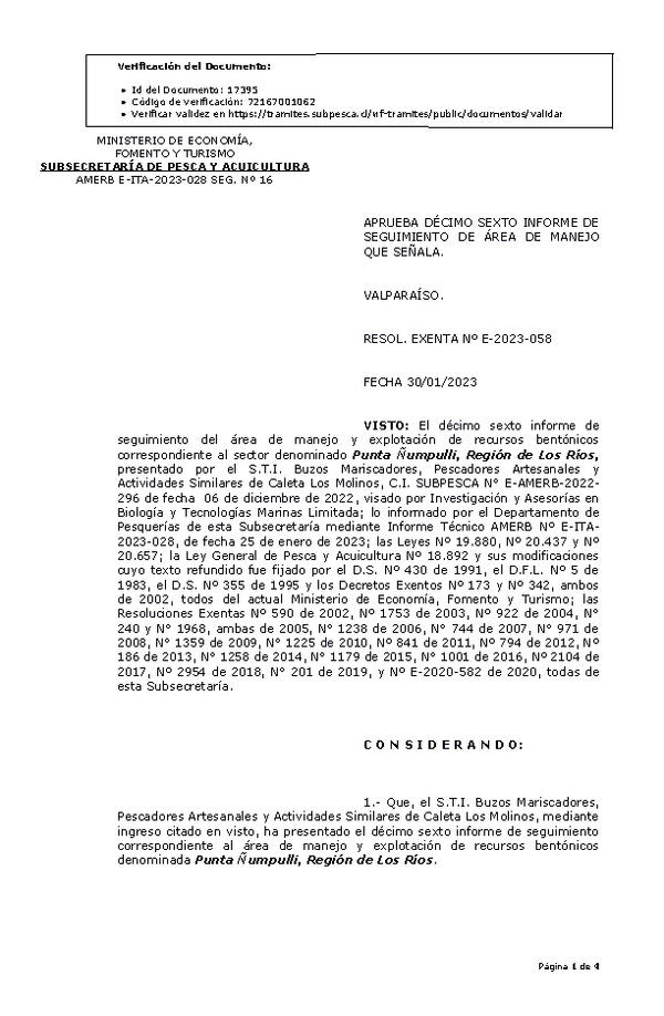 RESOL. EXENTA Nº E-2023-058 Aprueba 16° Seguimiento. (Publicado en Página Web 31-01-2023)