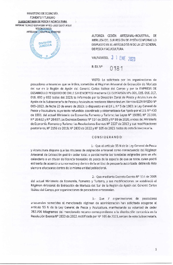 Res. Ex. N° 0181-2023 Autoriza Cesión de Merluza del Sur, Región de Aysén. (Publicado en Página Web 31-01-2023)