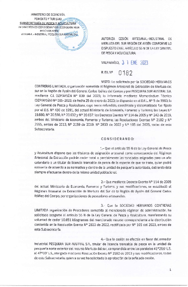 Res. Ex. N° 0182-2023 Autoriza Cesión de Merluza del Sur, Región de Aysén. (Publicado en Página Web 31-01-2023)