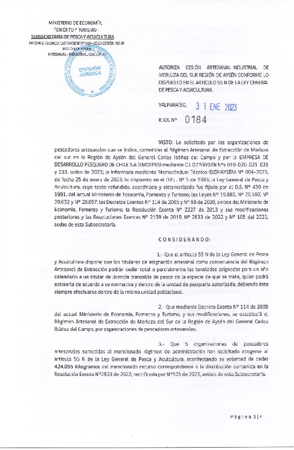 Res. Ex. N° 0184-2023 Autoriza Cesión de Merluza del Sur, Región de Aysén. (Publicado en Página Web 31-01-2023)
