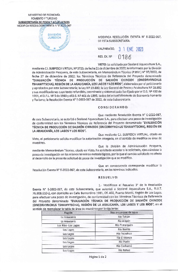 Res. Ex. N° 0186-2023 Modifica Res. Ex. N° E-2022-067, SEALAND AQUACULTURE S.A. (Publicado en Página Web 31-01-2023)