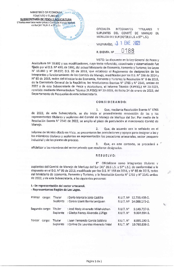 Res. Ex. N° 0188-2023 Oficializa Miembros Suplentes del Comité de Manejo de Merluza del Sur en sus Unidades de Pesquería (41°28,6 L.S. al 57 L.S.). (Publicado en Página Web 31-01-2023)