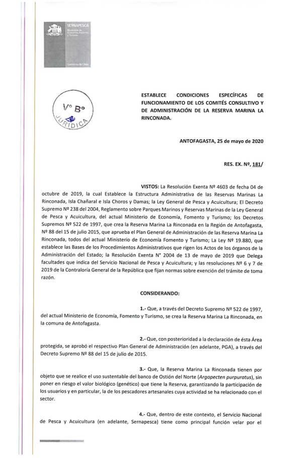 Res. Ex. N° 181-2020 (Sernapesca) Establece Condiciones Específicas de Funcionamiento de Los Comités Consultivos y de Administración de la Reserva Marina La Rinconada. (Publicado en Página Web 26-05-2020)