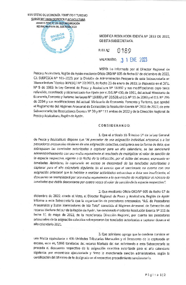 Res. Ex. N° 0189-2023 Modifica Res. Ex. N° Modifica Resolución Exenta N° 2833 de 2022, de esta Subsecretaria. (Publicado en Página Web 02-02-2023)