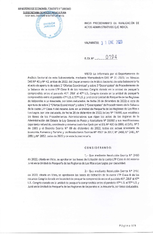 Res. Ex N° 0194-2023 Inicia procedimiento de invalidación de Actos Administrativos que indica. (Publicado en página web 02-02-23)