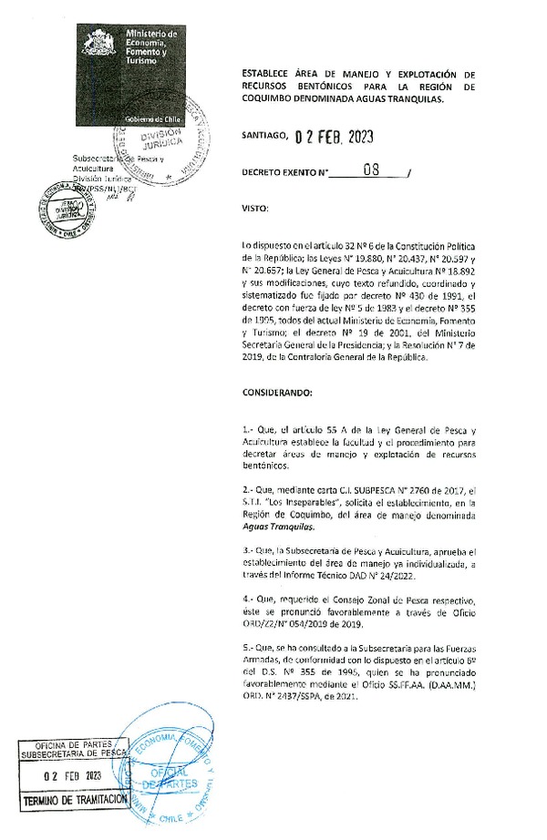 Decreto Ex. n° 08-2023 Establece Área de amnejo y Explotación de recirsos bentónicos para la región de Coquimbo denominada Aguas Tranquilas.(Publicado en página web 02-02-23)