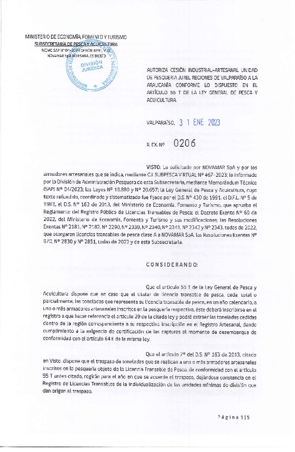Res. Ex. N° 0206-2023 Autoriza Cesión de Jurel Regiones de Valparaíso a La Araucanía. (Publicado en Página Web 02-01-2023)