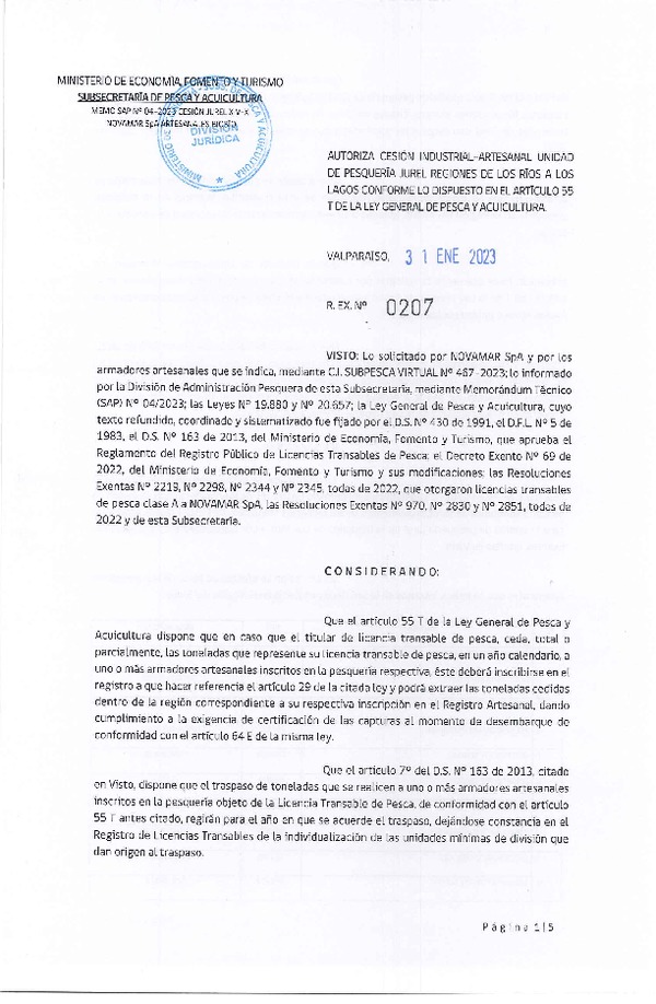 Res. Ex. N° 0207-2023 Autoriza Cesión de Jurel Regiones de los Ríos a Los Lagos. (Publicado en Página Web 02-02-2023)