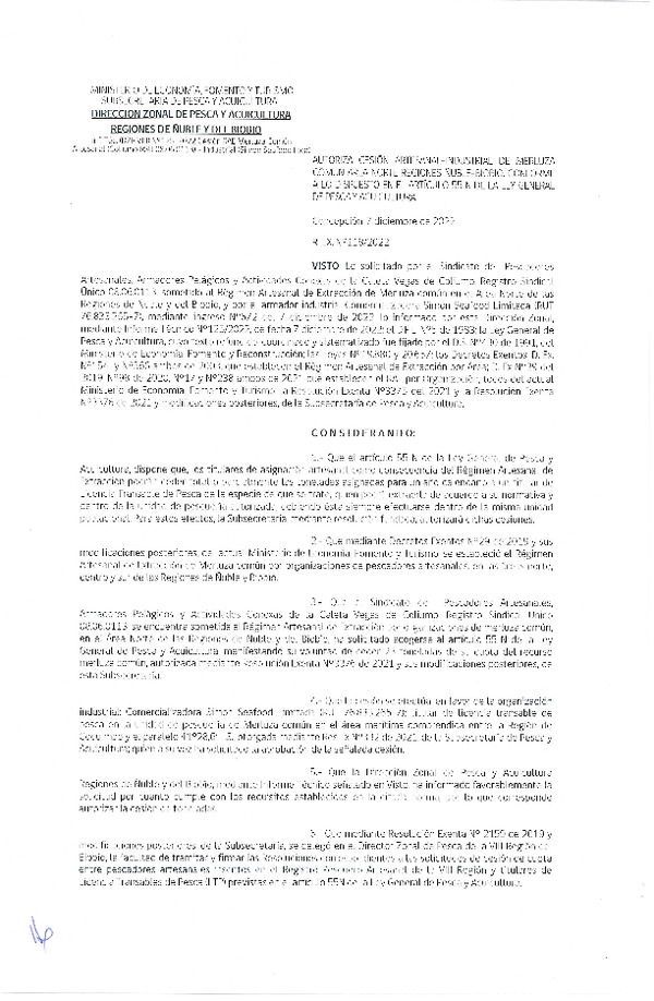 Res. Ex. N° 118-2022 (DZP Ñuble y del Biobío) Autoriza cesión Merluza Común. (Publicado en Página Web 07-12-2022)