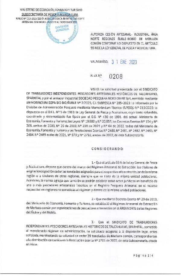 Res. Ex. N° 208-2023 Autoriza cesión Merluza Común Regiones Ñuble-Biobío (Publicado en Página Web 03-02-2023)