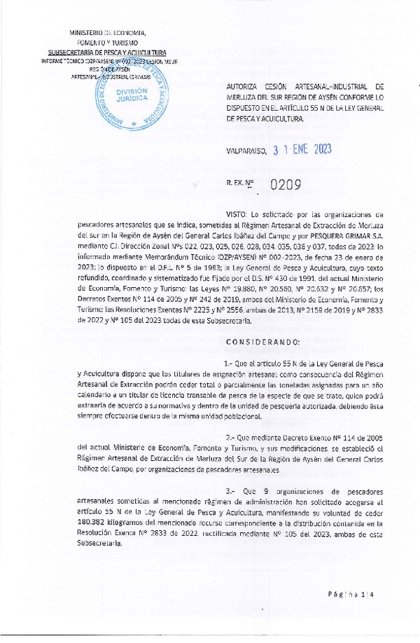 Res. Ex. N° 209-2023 Autoriza cesión Merluza Sur Region de Aysén (Publicado en Página Web 03-02-2023)