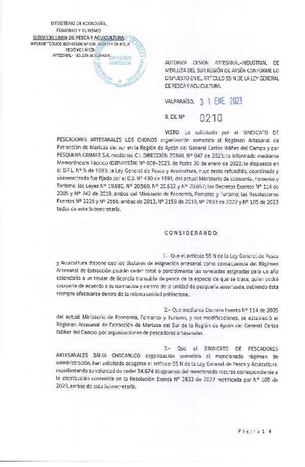 Res. Ex. N° 210-2023 Autoriza cesión Merluza Sur Region de Aysén (Publicado en Página Web 03-02-2023)