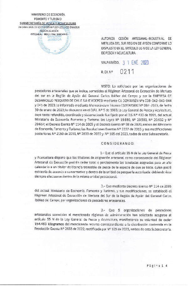 Res. Ex. N° 211-2023 Autoriza cesión Merluza Sur Region de Aysén (Publicado en Página Web 03-02-2023)