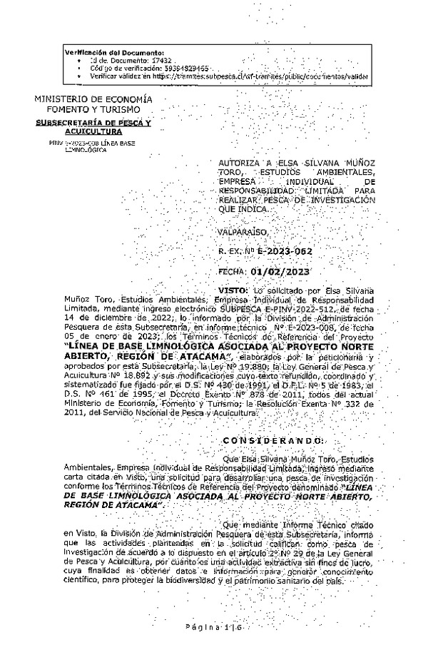 R. EX. Nº E-2023-062 AUTORIZA A ELSA SILVANA MUÑOZ TORO, ESTUDIOS AMBIENTALES, EMPRESA INDIVIDUAL DE RESPONSABILIDAD LTDA.PARA REALIZAR PESCA DE INVESTIGACIÓN QUE INDICA. (Publicado en Página Web 03-02-2023)