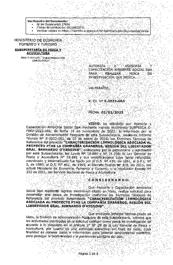 R. EX. Nº E-2023-063 AUTORIZA A Asesoria y Capacitacion Ambiental Social SpA, PARA REALIZAR PESCA DE INVESTIGACIÓN QUE INDICA. (Publicado en Página Web 03-02-2023)