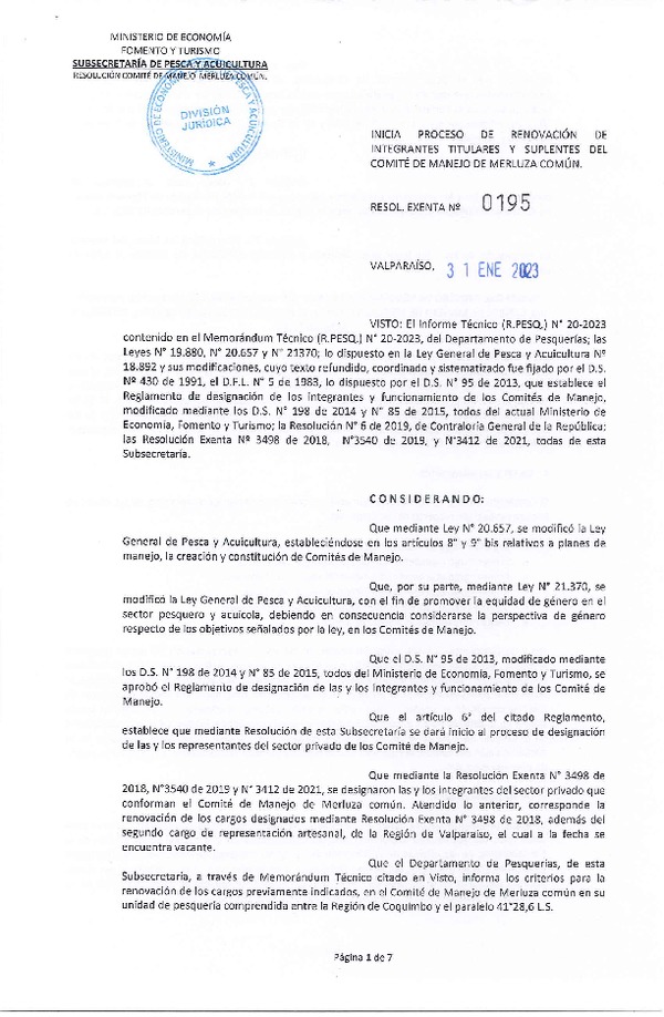 Res Ex. N° 0195-2023 Inicia proceso de renovación de integrantes titulares y suplentes del comité de manejo de merluza común. (Publicado en Página Web 03-02-2023).