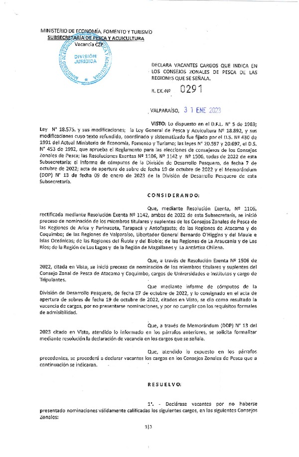 Res Ex N° 291-2023 Declara Vacantes cargos que indica en los consejos zonales de pesca de las regiones que se señala.(Publicado en Página Web 06-02-2023)