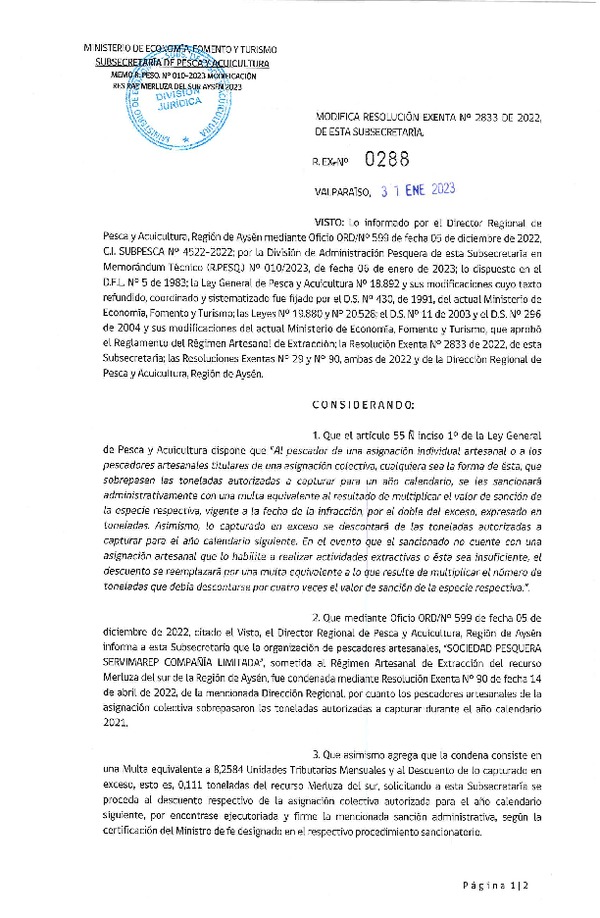 Res Ex N° 288-2023 Modifica Resolución Exenta N° 2833 de 2022, de esta Subsecretaria. (Publicado en Página Web 06-02-2023).