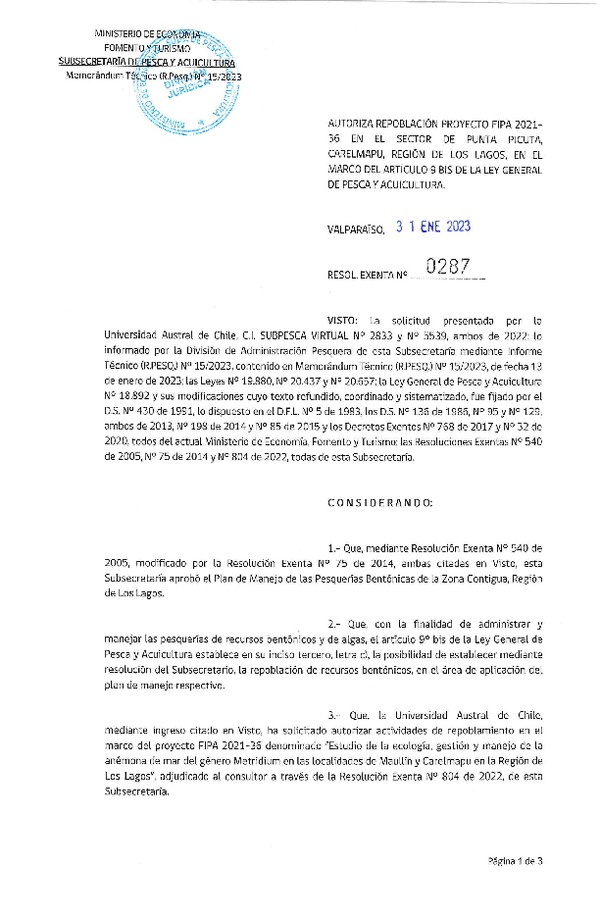 Res Ex N° 287-2023  Autoriza Repoblacion proyecto Fipa 2021-36 en el Sector de Punta Picuta Carelmapu, Región de Los Lagos, en el marco del artículo 9 Bis de la ley general de Pesca y Acuicultura. (Publicado en Página Web 06-02-2023).