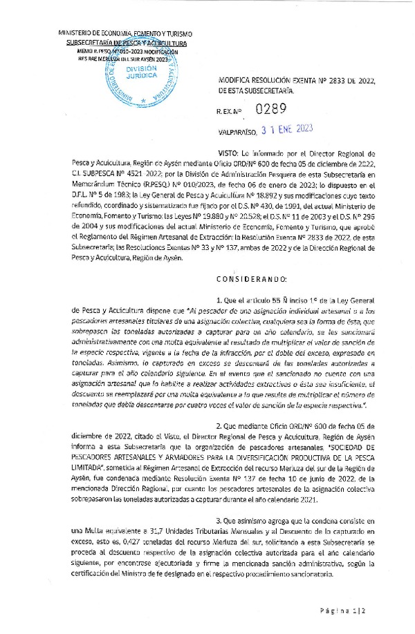 Res Ex N° 289-2023 Modifica Resolución Exenta N° 2833 de 2022, de esta Subsecretaria. (Publicado en Página Web 06-02-2023).