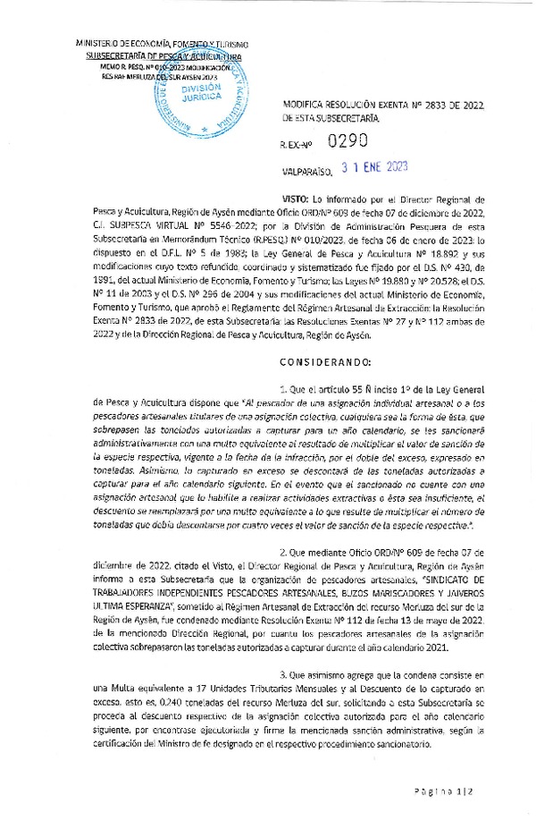 Res Ex N° 290-2023 Modifica Resolución Exenta N° 2833 de 2022, de esta Subsecretaria. (Publicado en Página Web 06-02-2023).