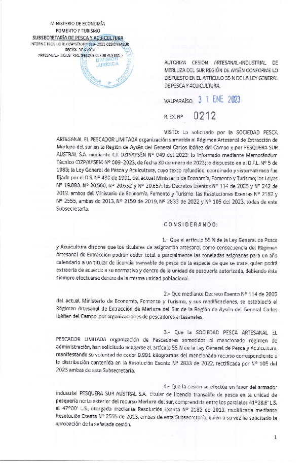 Res. Ex. N° 212-2023 Autoriza cesión Merluza Sur Region de Aysén (Publicado en Página Web 03-02-2023)
