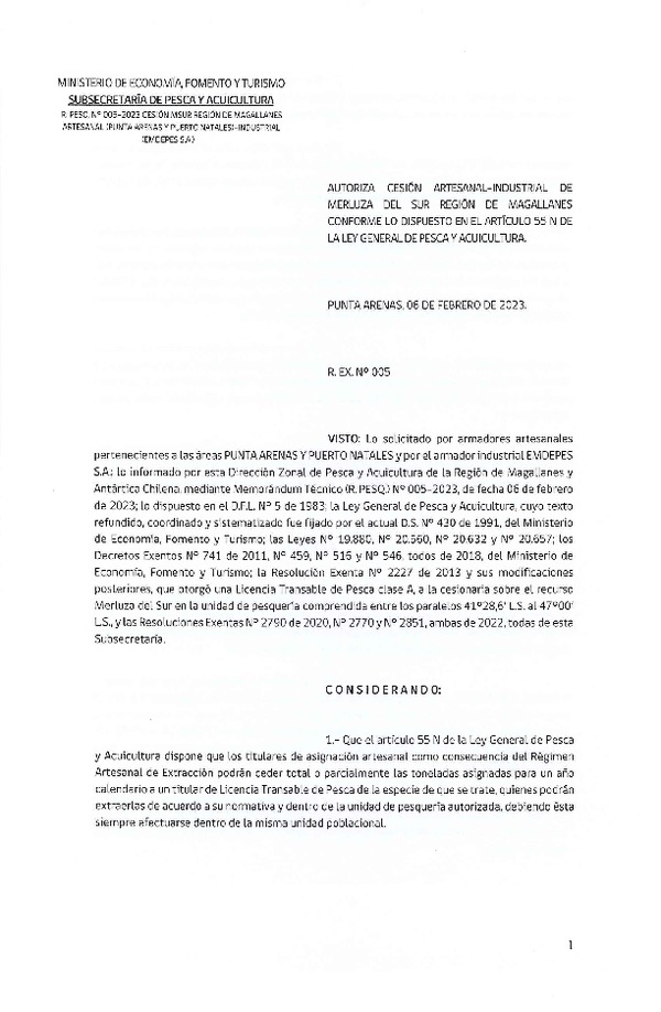 Res Ex N° 005-2023 (DZP) Autoriza Cesion Merluza del Sur Región de Magallanes(Publicado en Página Web 06-02-2023).