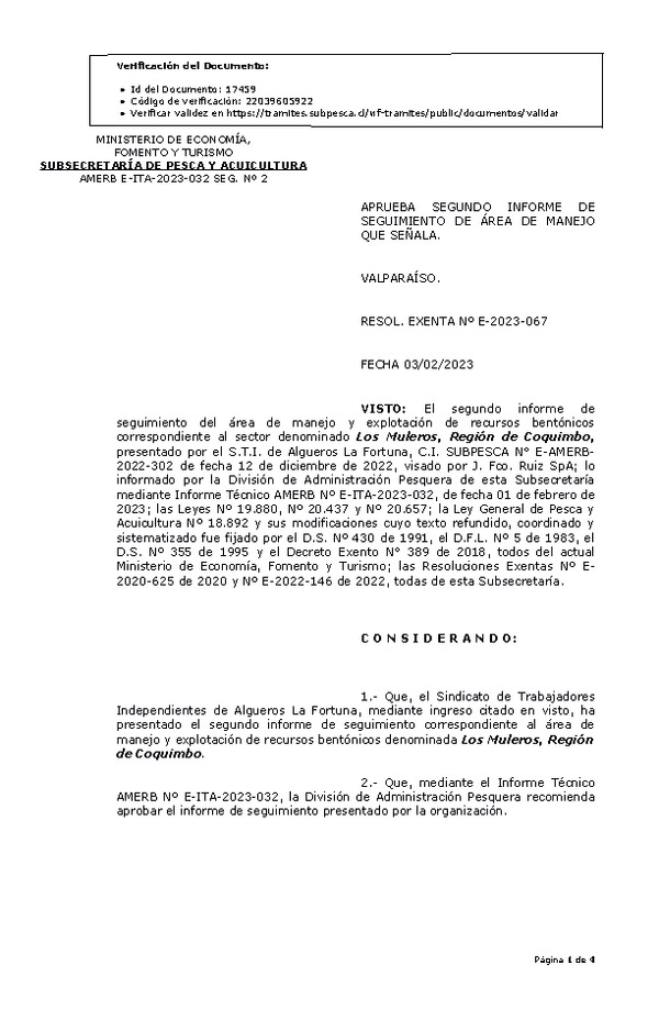 Res Ex N°E-2023-067  Aprueba segundo informe de seguimiento de Área de Manejo que señala.(Publicado en Página Web 06-02-2023).