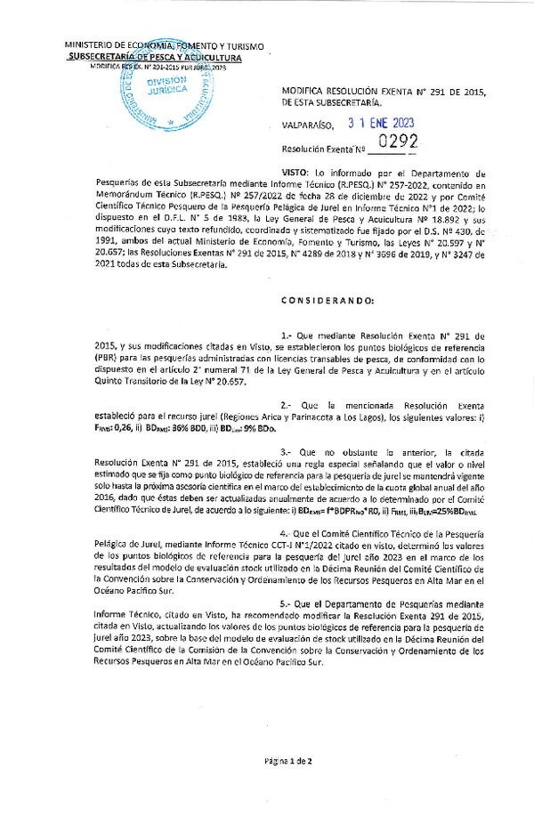 Res Ex N° 0292-2023 Modifica Resolución Exenta N° 291 de 2015, de esta Subsecretaria. (Publicado en Página Web 06-02-2023).