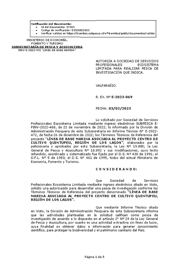 Res Ex N° E-2023-069 Autoriza a Sociedad de Servicios Profesionales Ecosistema Ltda. para realizar Pesca de Investigación que indica(Publicado en Página Web 07-02-2023).