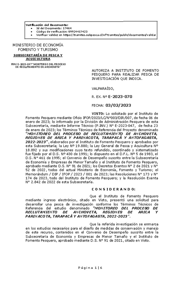 Res Ex N° E-2023-070 Autoriza a Instituto de Fomento para realizar Pesca de Investigación que indica(Publicado en Página Web 07-02-2023).