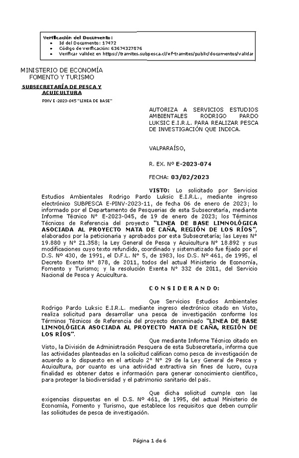 Res Ex N° E-2023-074 Autoriza a Servicios Estudios Ambientales Rodrigo Pardo Lucksic E.I.R.L. para realizar Pesca de Investigación que indica(Publicado en Página Web 07-02-2023).