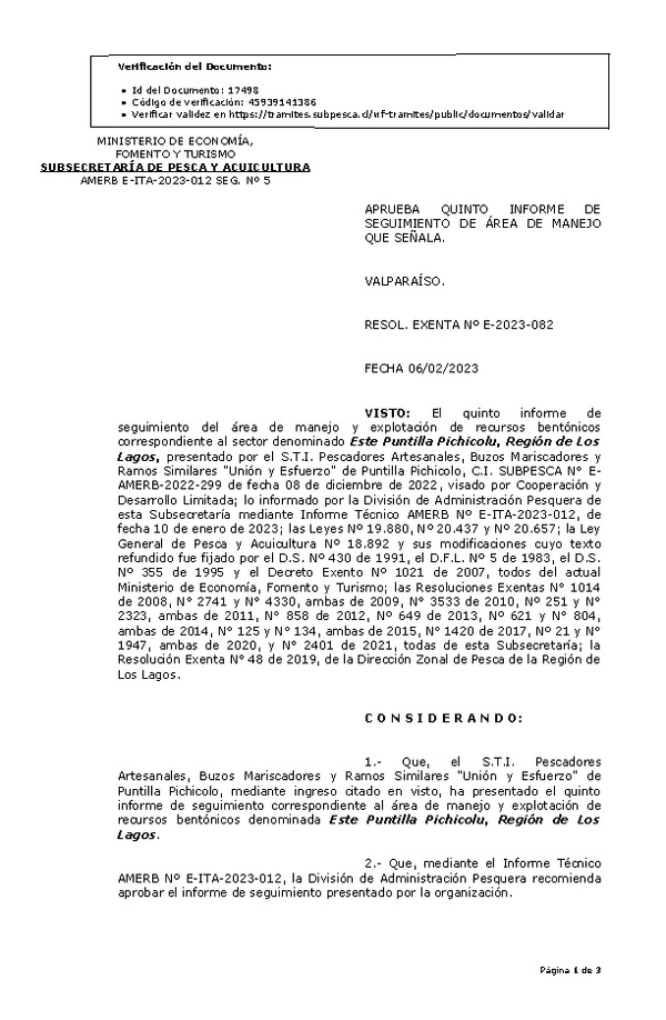 Res Ex N° E-2023-082 Aprueba Quinto informe de Seguimiento de Área de Manejo (Publicado en Página Web 07-02-2023).