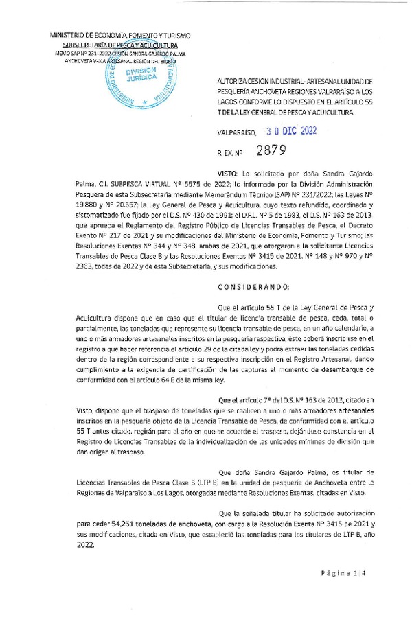 Res Ex N°2879-2022 Autoriza cesión Industrial-Artesanal unidad de pesquería Anchoveta regiones Valparaíso a Los Lagos conforme lo dispuesto en el artículo 55T de la ley General de Pesca y Acuicultura. (Publicado en Página Web 07-02-2023).