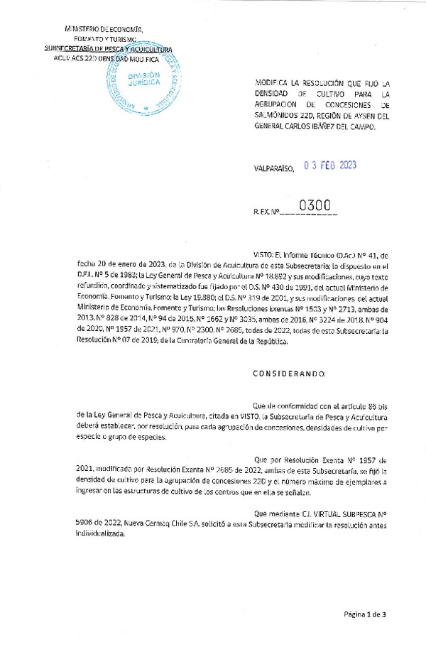 Res Ex N° 0300-2023 Modifica la resolución que fijó la Densidad de cultivo para la agrupación de concesiones de Salmónidos 22D, región de Aysén del General Carlos Ibáñez del Campo (Publicado en Página Web 07-02-2023).