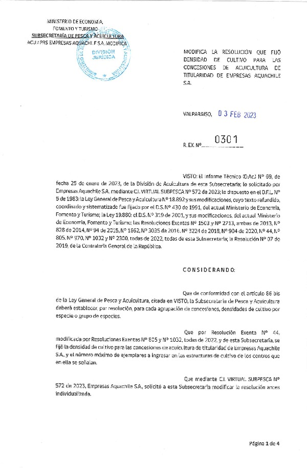 Res Ex N° 0301-2023 Modifica la Resolución que fijó la Densidad de Cultivo para las concesiones de acuicultura de Titularidad de Empresas Aquichile S.A.( Publicado en Página Web 07-02-2023).