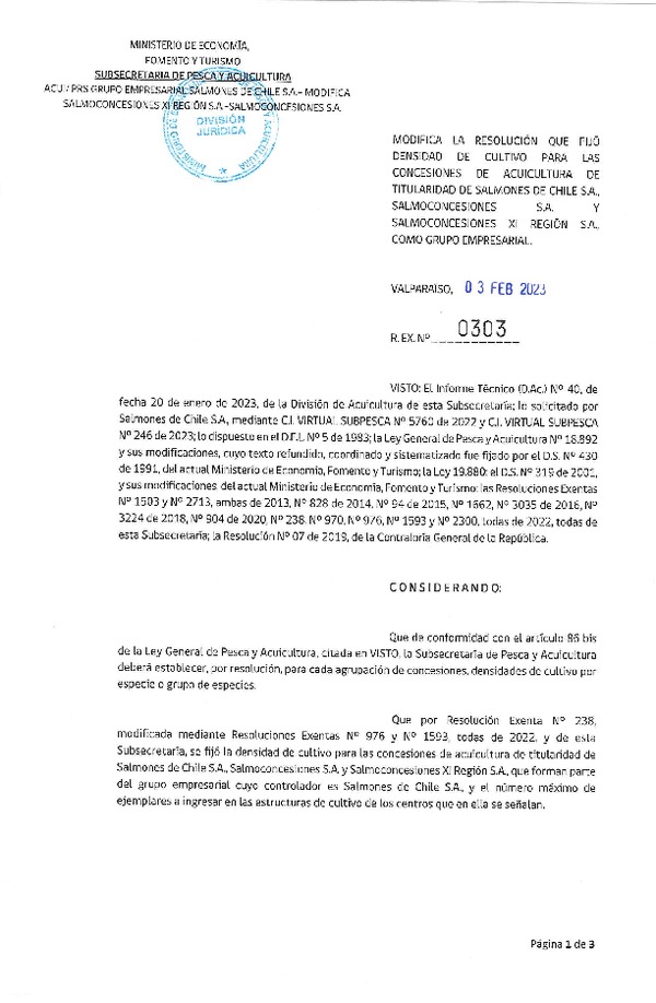 Res Ex N° 0303-2023 Modifica la Resolución que fijó la Densidad de Cultivo para las concesiones de acuicultura de Titularidad de Salmones de Chile S.A., Salmoconcesiones S.A. y Salmoconcesiones XI Región S.A., como grupo empresarial. ( Publicado en Página Web 07-02-2023).