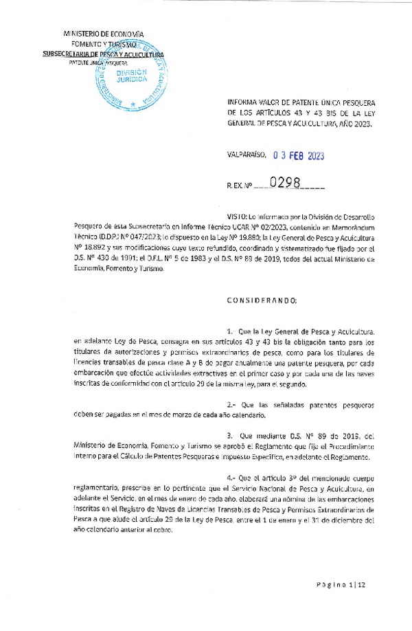 Res. Ex. N° 0298-2023 Informa Valor de Patente Única Pesquera de los Artículo 43 y 43 bis de la Ley General de Pesca y Acuicultura. (Publicado en Página Web 08-02-2023))